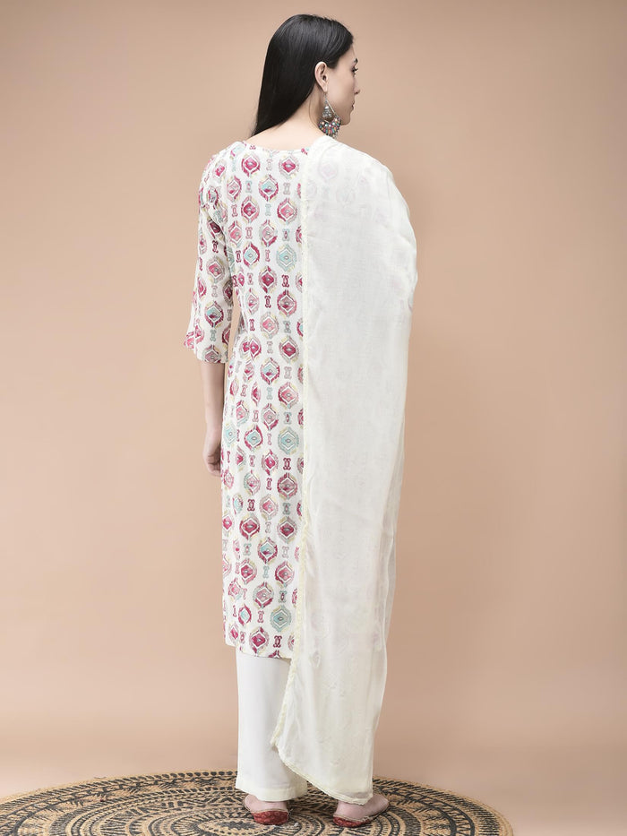 Women Liva Off White Ikat Print Kurta Comfort Pant Dupatta.