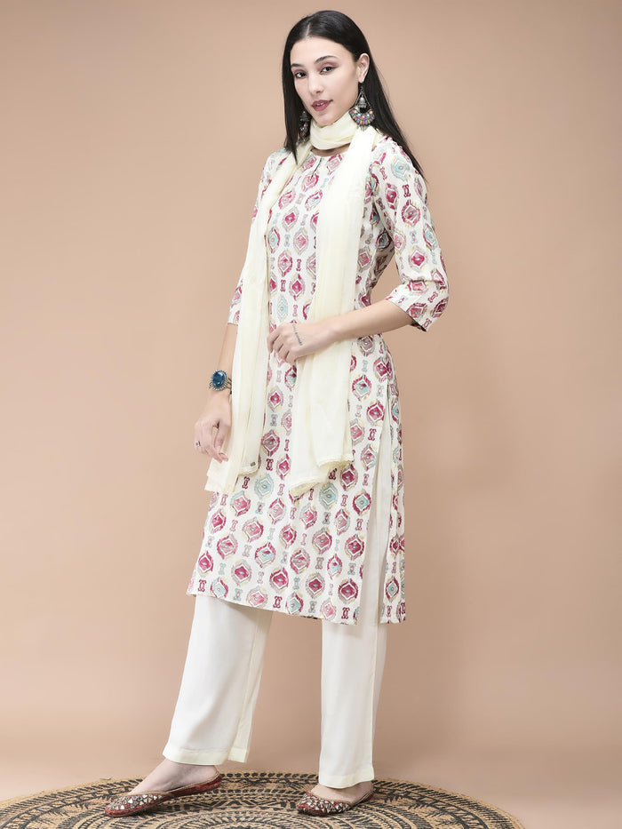 Women Liva Off White Ikat Print Kurta Comfort Pant Dupatta.