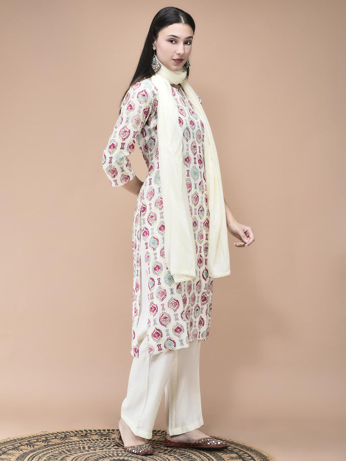 Women Liva Off White Ikat Print Kurta Comfort Pant Dupatta.