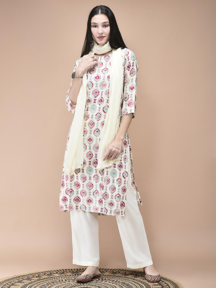 Women Liva Off White Ikat Print Kurta Comfort Pant Dupatta.