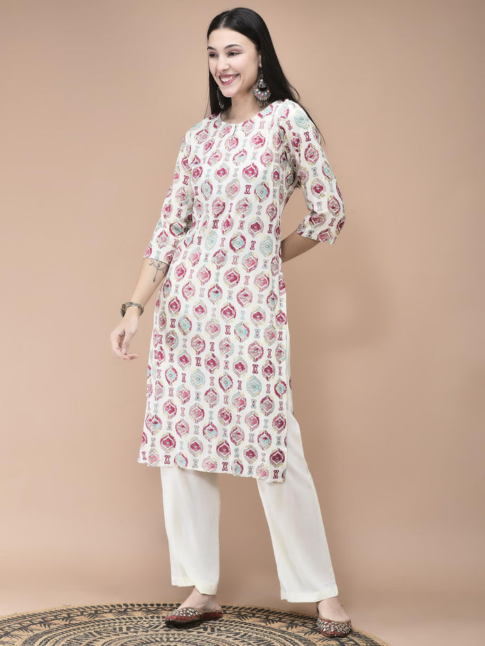Women Liva Off White Ikat Print Kurta Comfort Pant Dupatta.