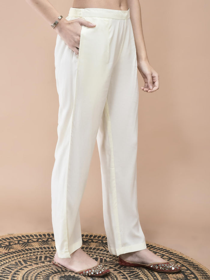 Women Liva Off White Ikat Print Kurta Comfort Pant Dupatta.