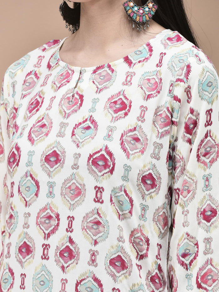 Women Liva Off White Ikat Print Kurta Comfort Pant Dupatta.