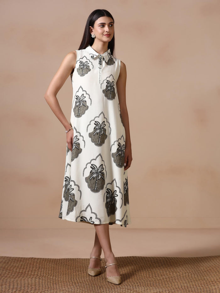 Women Liva Off White Printed Dress.