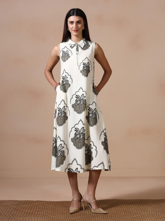 Women Liva Off White Printed Dress.