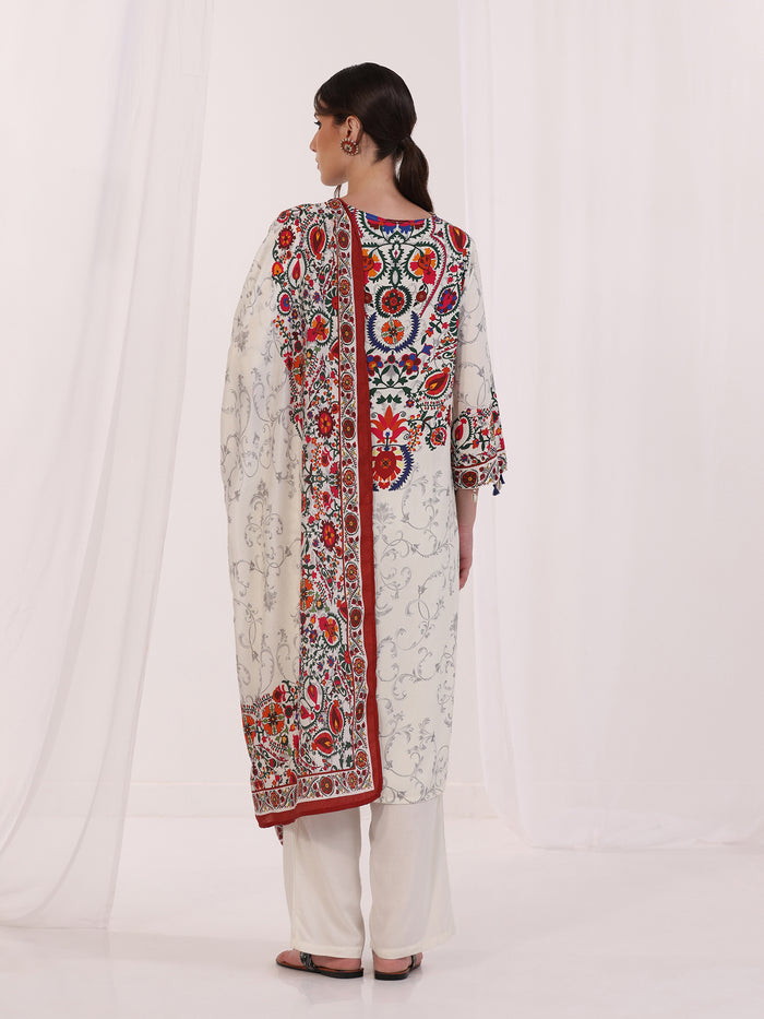 Women Liva Off White Printed Kurta Comfort Pant Dupatta
