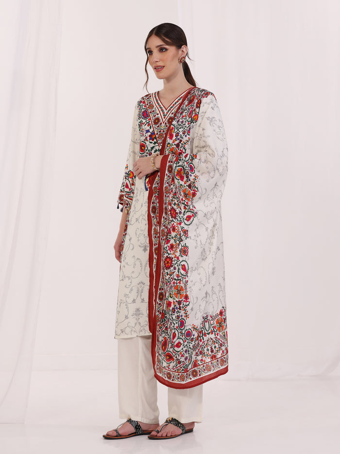 Women Liva Off White Printed Kurta Comfort Pant Dupatta