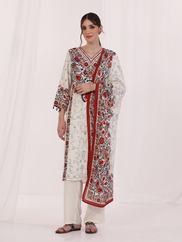 Women Liva Off White Printed Kurta Comfort Pant Dupatta