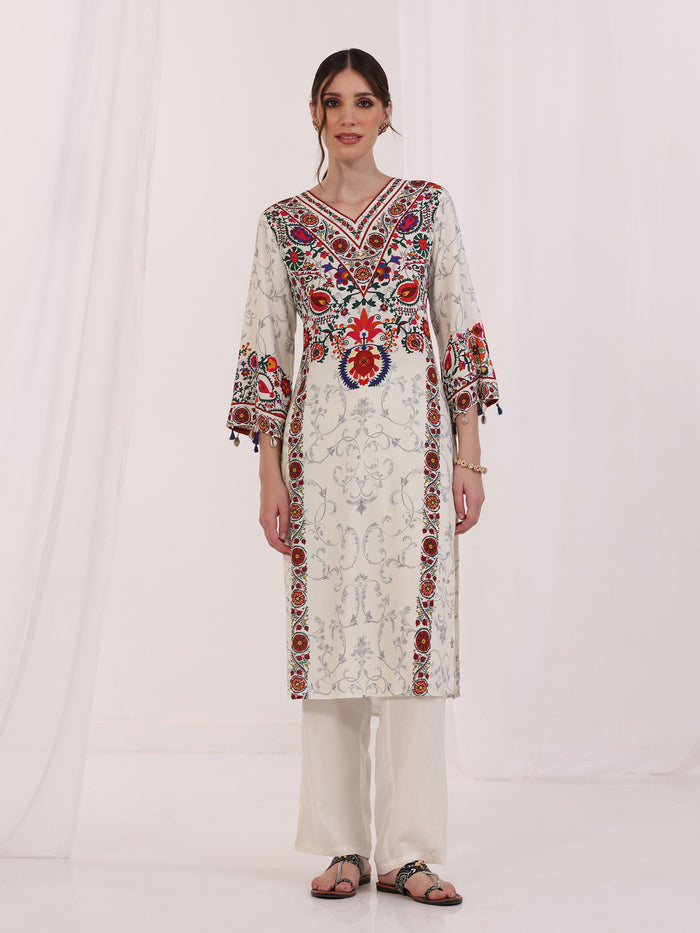 Women Liva Off White Printed Kurta Comfort Pant Dupatta