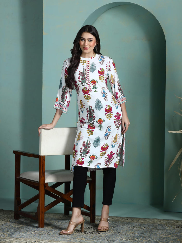 Women Liva Off White Printed Kurta.