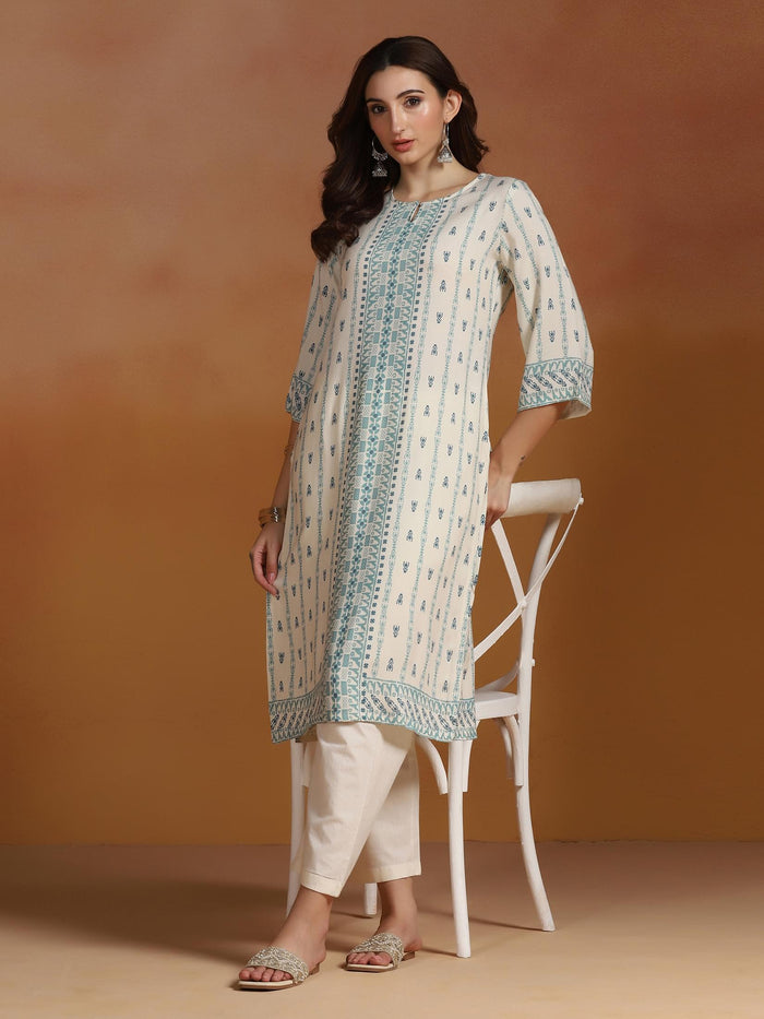 Women Liva Off White Printed Kurta.