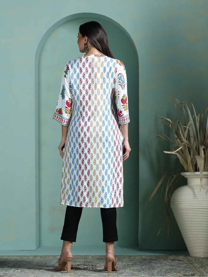 Women Liva Off White Printed Kurta.