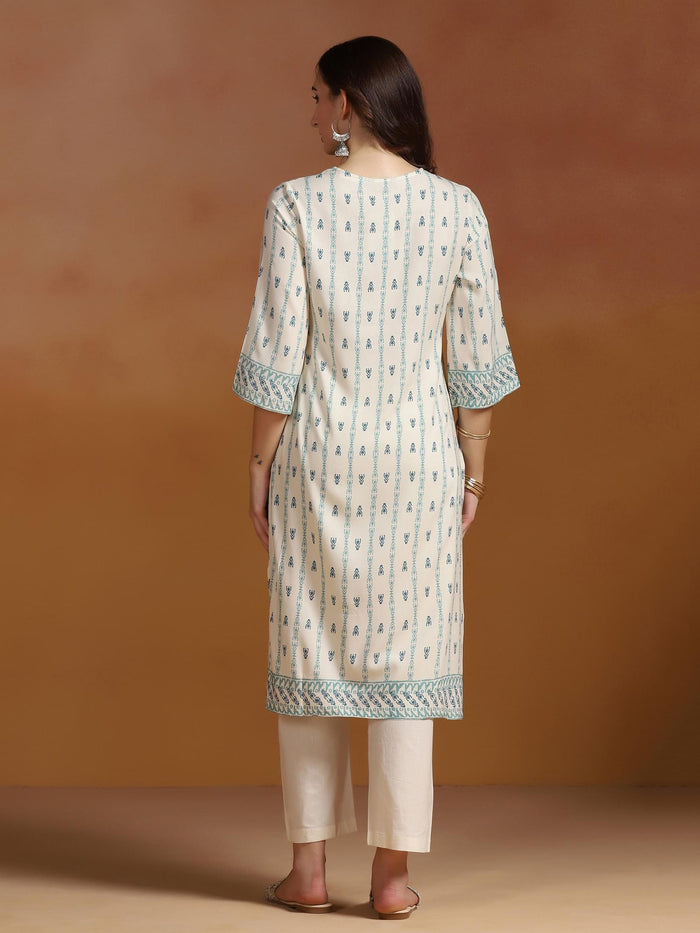 Women Liva Off White Printed Kurta.