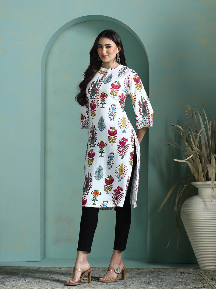 Women Liva Off White Printed Kurta.
