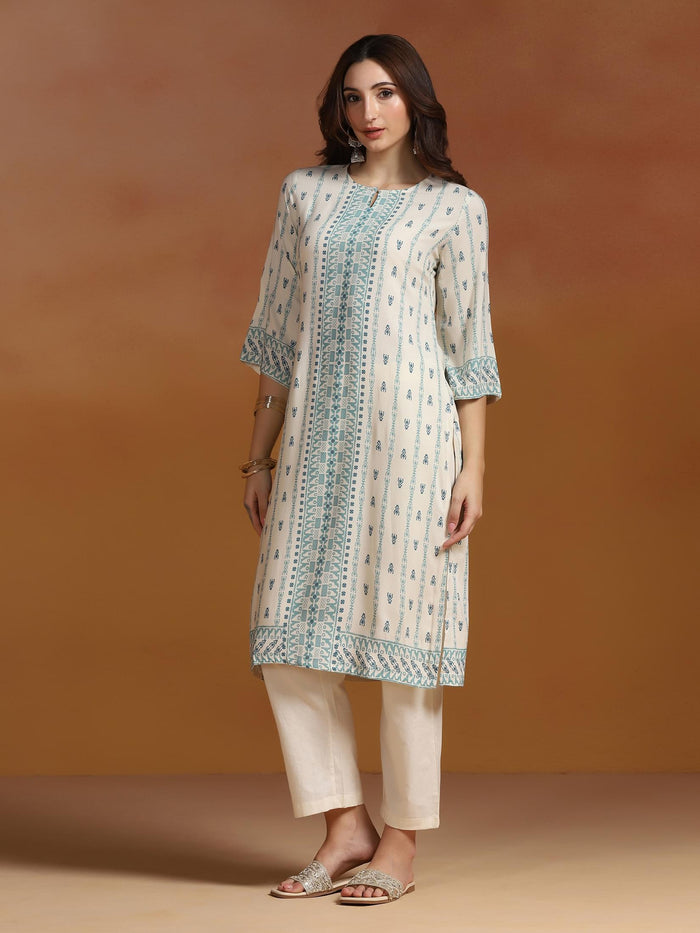 Women Liva Off White Printed Kurta.