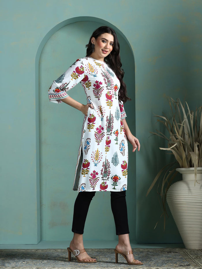 Women Liva Off White Printed Kurta.