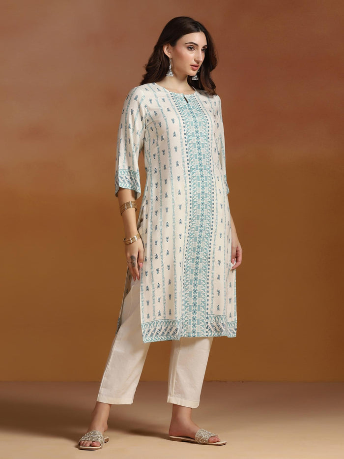 Women Liva Off White Printed Kurta.