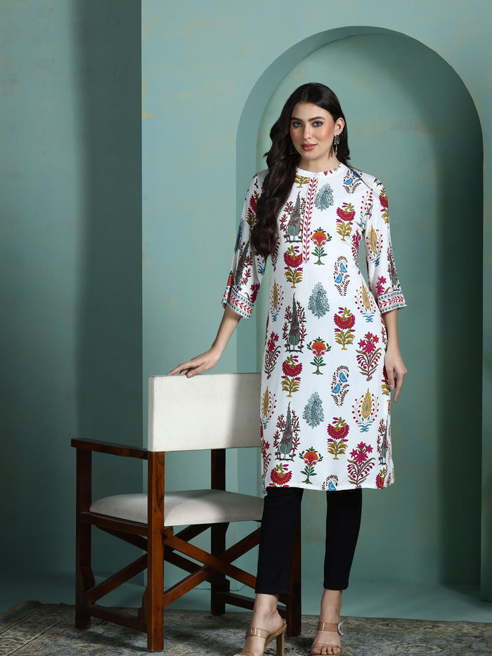 Women Liva Off White Printed Kurta.