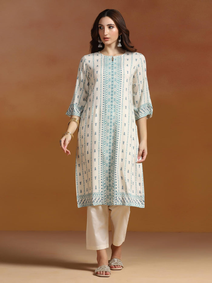 Women Liva Off White Printed Kurta.