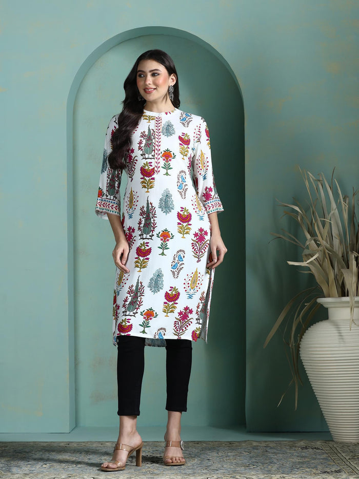 Women Liva Off White Printed Kurta.