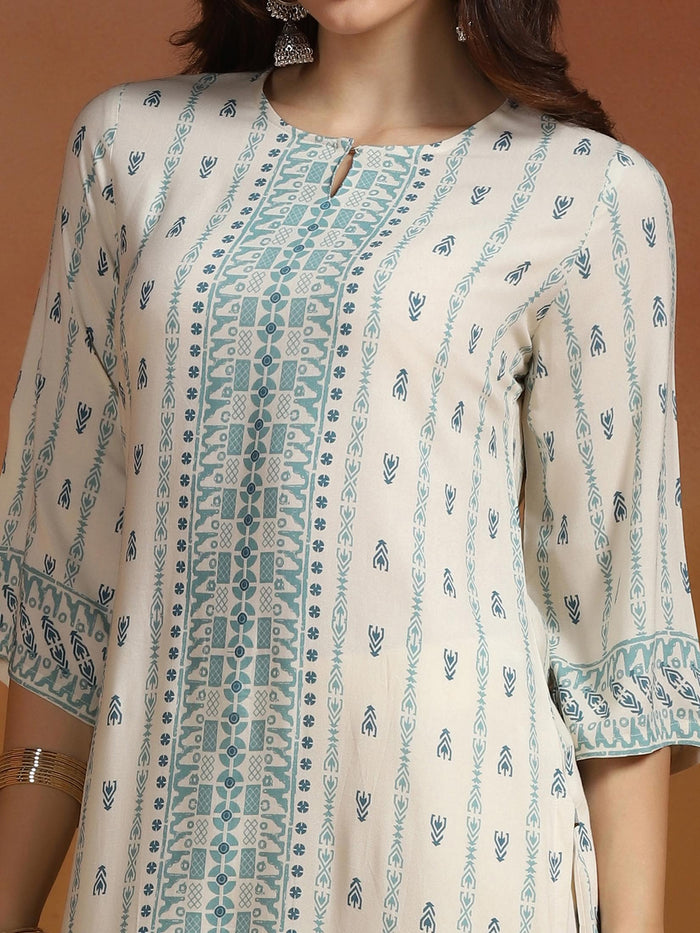 Women Liva Off White Printed Kurta.