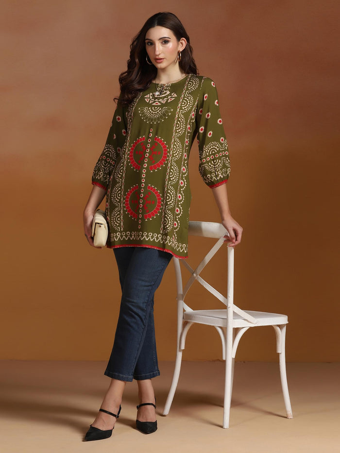 Women Liva Olive Geometric Print Tunic.