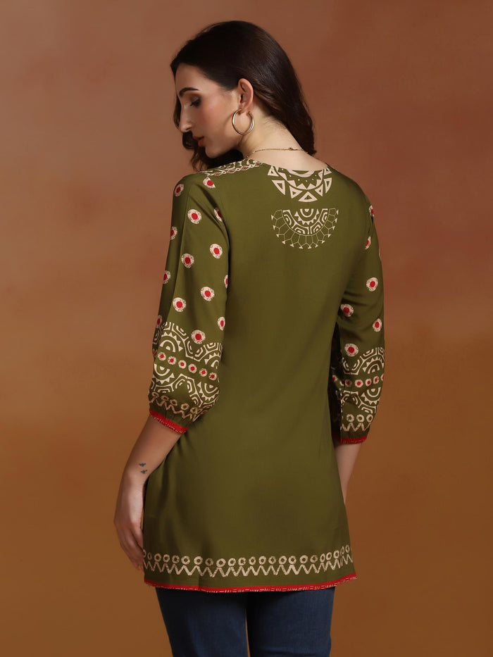 Women Liva Olive Geometric Print Tunic.