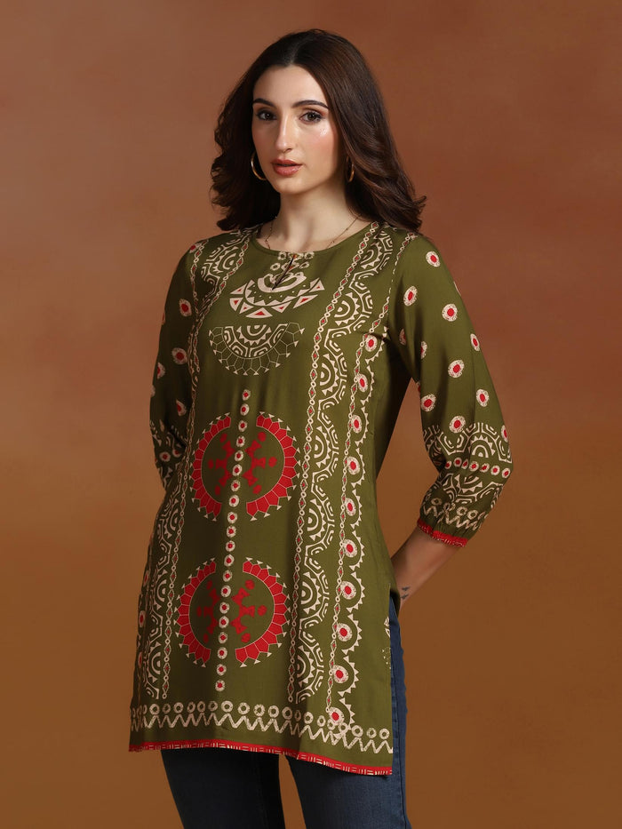 Women Liva Olive Geometric Print Tunic.