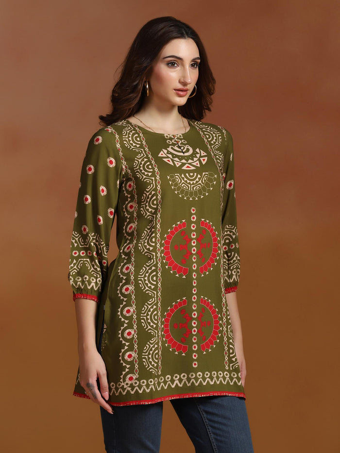 Women Liva Olive Geometric Print Tunic.