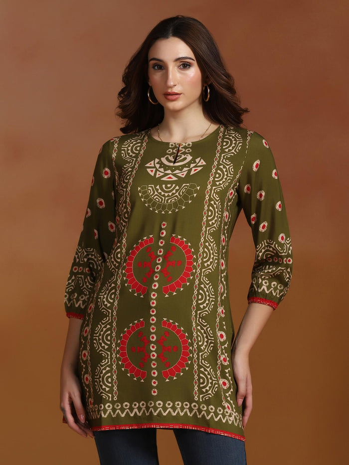 Women Liva Olive Geometric Print Tunic.