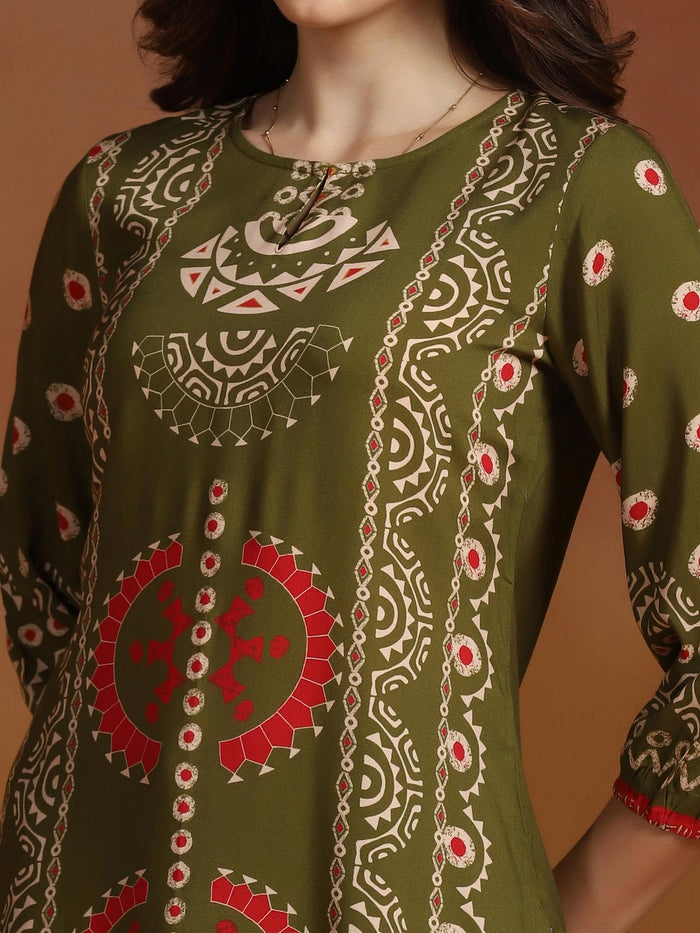 Women Liva Olive Geometric Print Tunic.