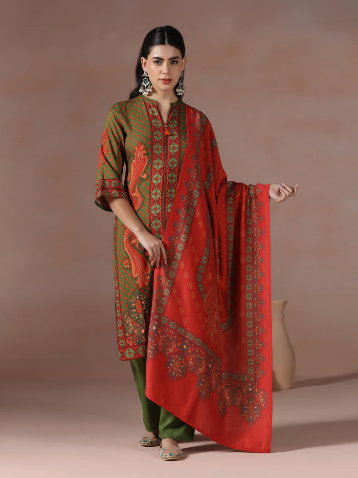 Women Liva Olive Paisley Print Kurta Comfort Pant Chanderi Dupatta.