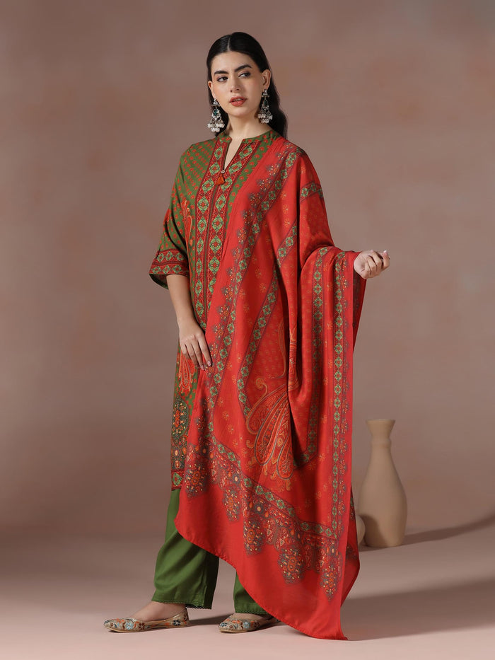 Women Liva Olive Paisley Print Kurta Comfort Pant Chanderi Dupatta.