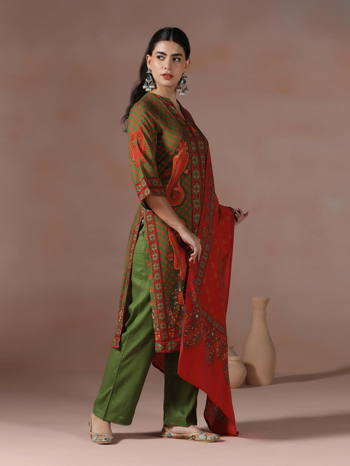Women Liva Olive Paisley Print Kurta Comfort Pant Chanderi Dupatta.