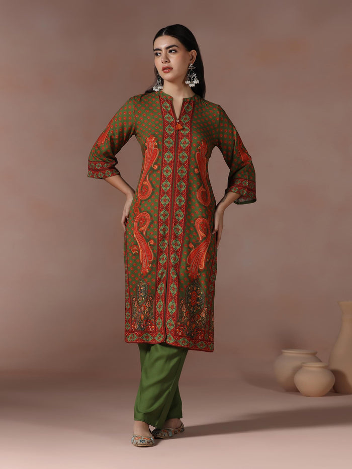Women Liva Olive Paisley Print Kurta Comfort Pant Chanderi Dupatta.