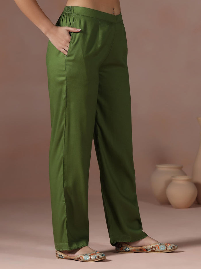 Women Liva Olive Paisley Print Kurta Comfort Pant Chanderi Dupatta.