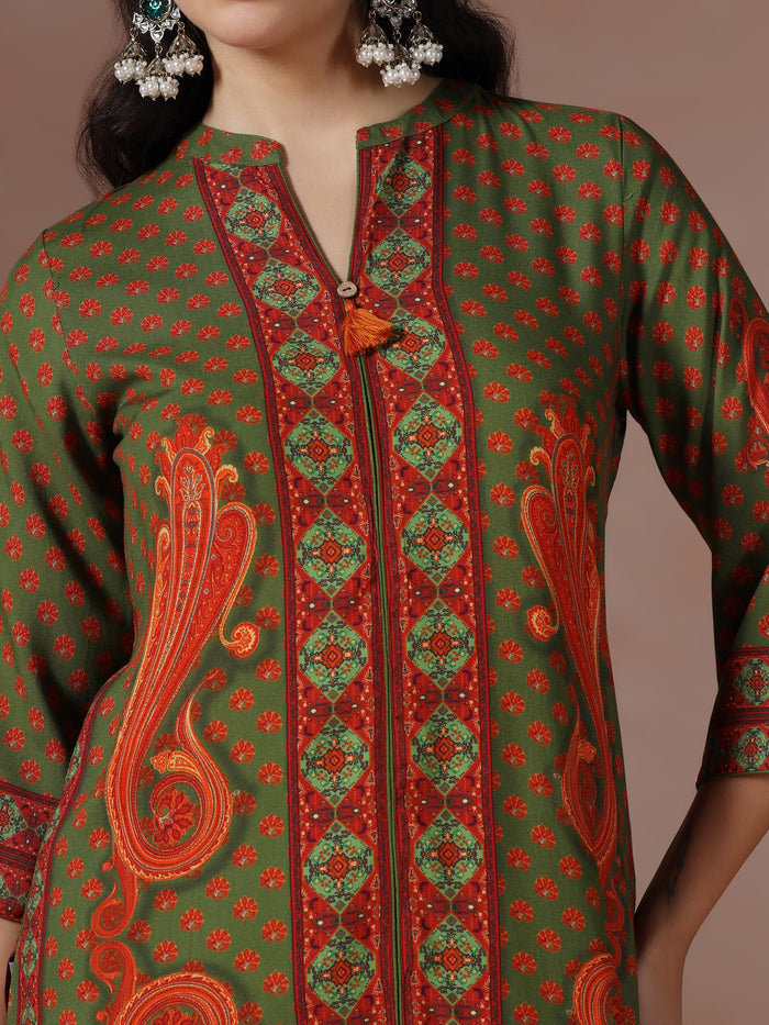 Women Liva Olive Paisley Print Kurta Comfort Pant Chanderi Dupatta.