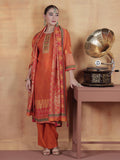 Women Liva Orange Ornamental Print Kurta Comfort Pant Dupatta.