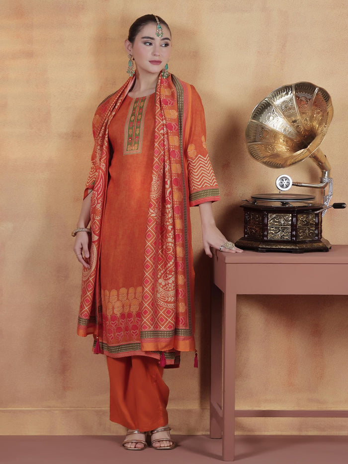 Women Liva Orange Ornamental Print Kurta Comfort Pant Dupatta.