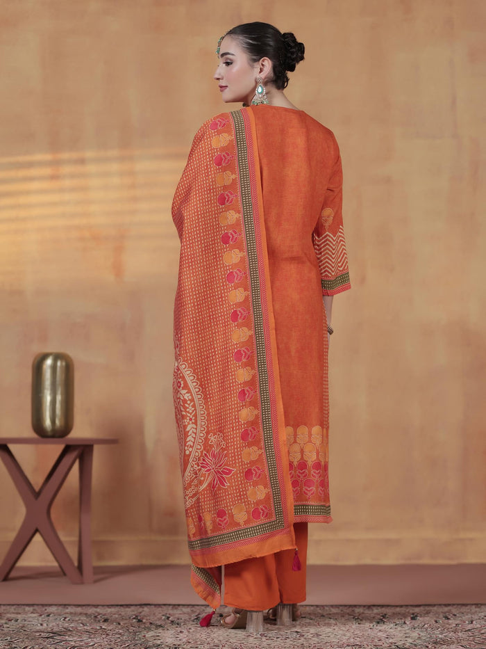 Women Liva Orange Ornamental Print Kurta Comfort Pant Dupatta.
