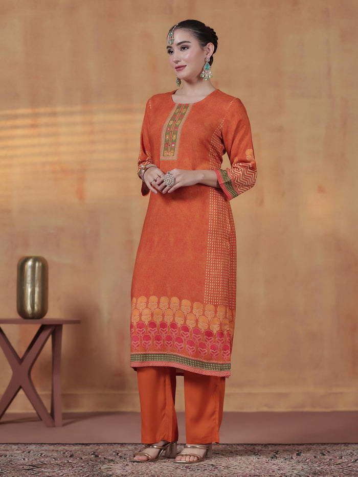 Women Liva Orange Ornamental Print Kurta Comfort Pant Dupatta.