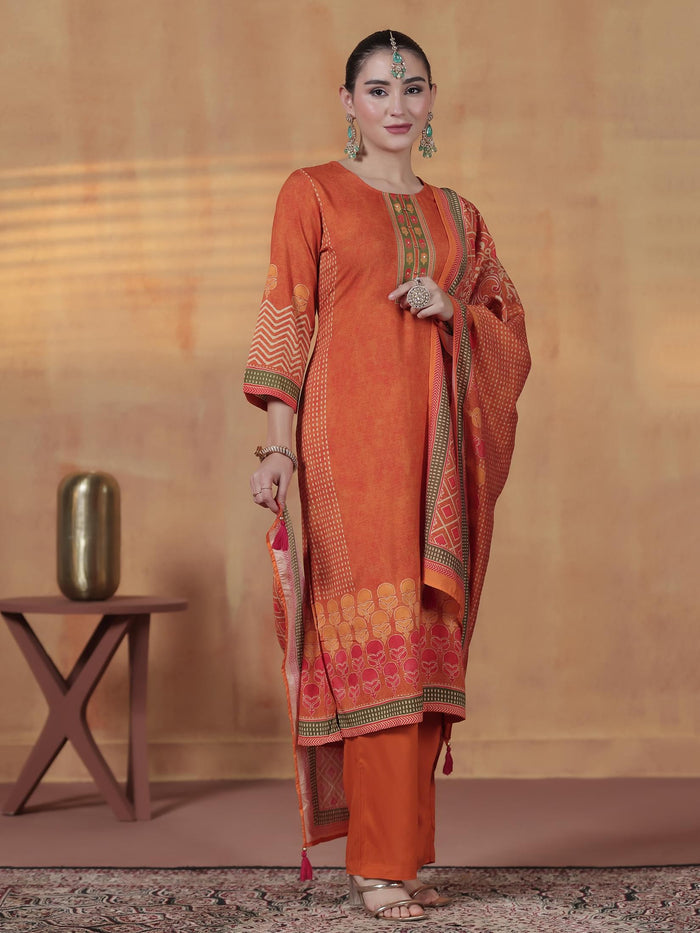 Women Liva Orange Ornamental Print Kurta Comfort Pant Dupatta.