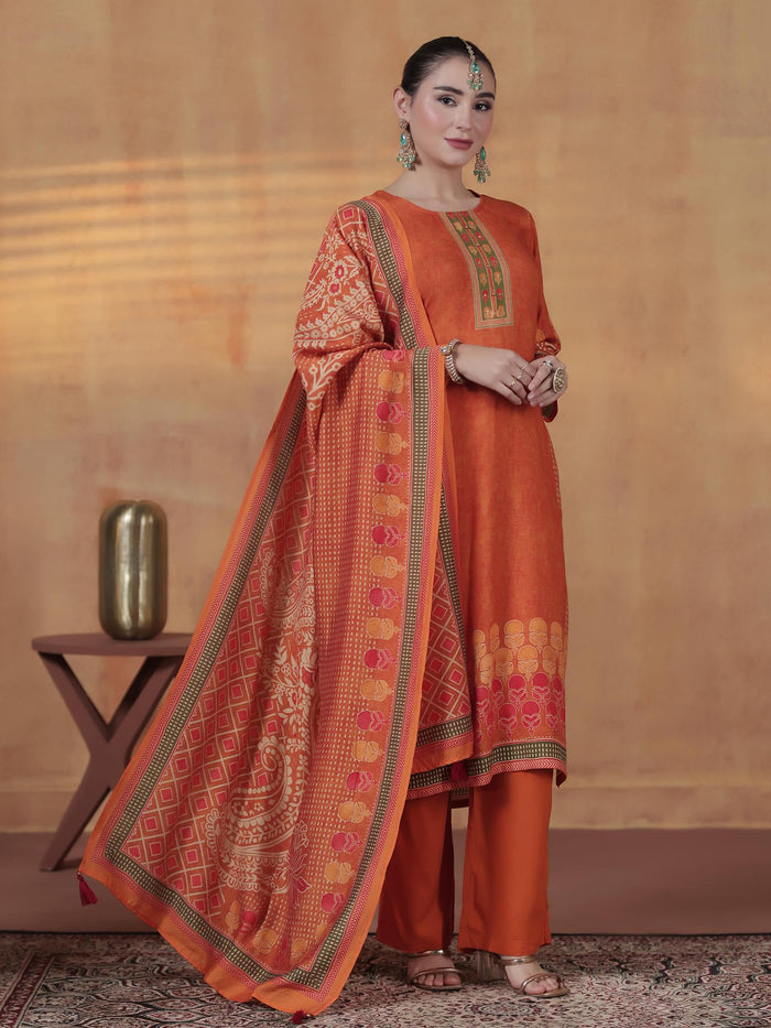 Women Liva Orange Ornamental Print Kurta Comfort Pant Dupatta.