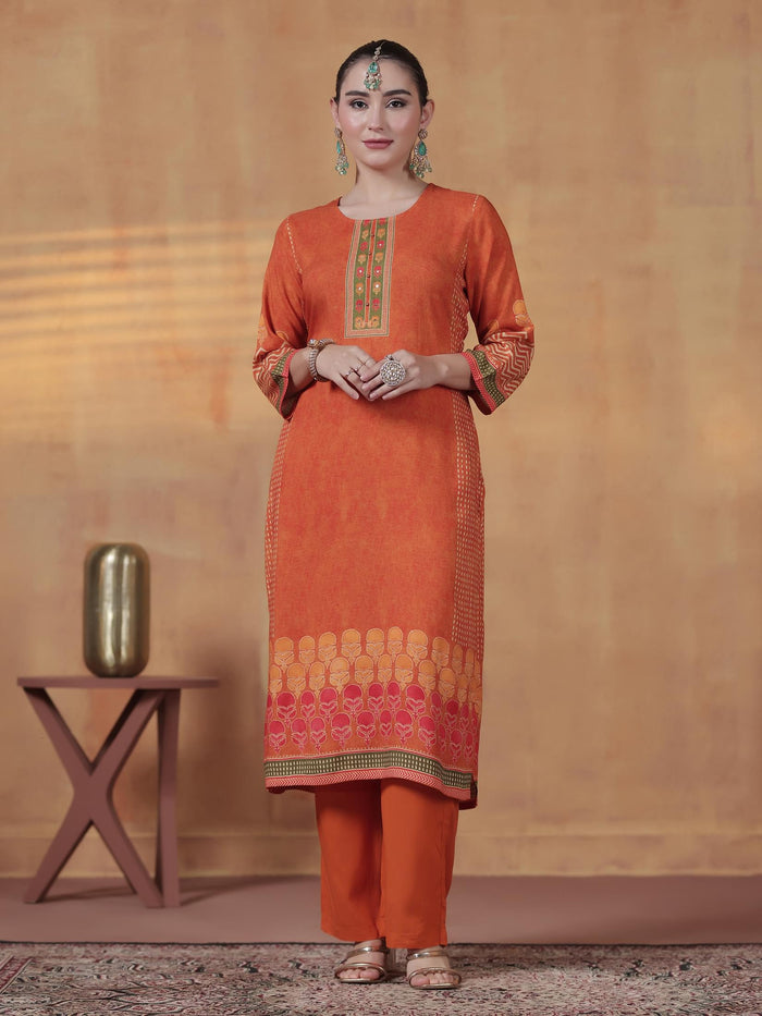 Women Liva Orange Ornamental Print Kurta Comfort Pant Dupatta.