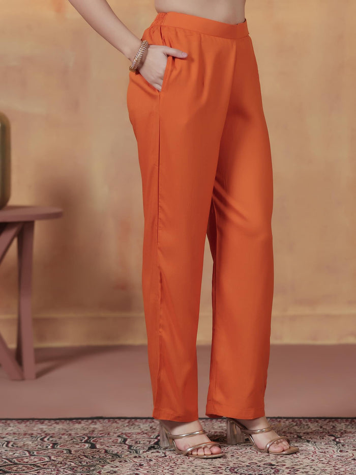 Women Liva Orange Ornamental Print Kurta Comfort Pant Dupatta.