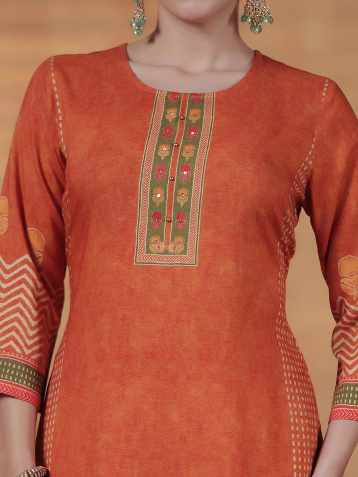 Women Liva Orange Ornamental Print Kurta Comfort Pant Dupatta.