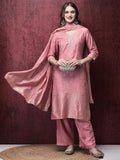 Women Liva Peach Foil Print Kurta Comfort pant Dupatta.