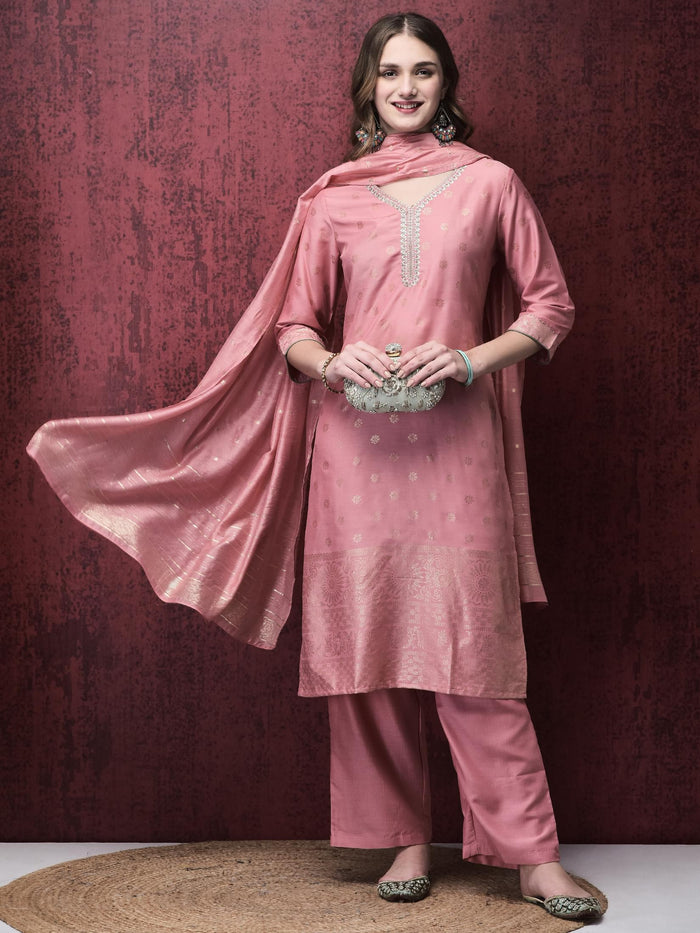 Women Liva Peach Foil Print Kurta Comfort pant Dupatta.