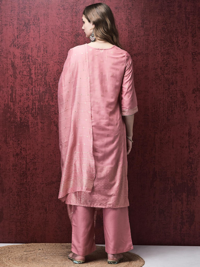 Women Liva Peach Foil Print Kurta Comfort pant Dupatta.