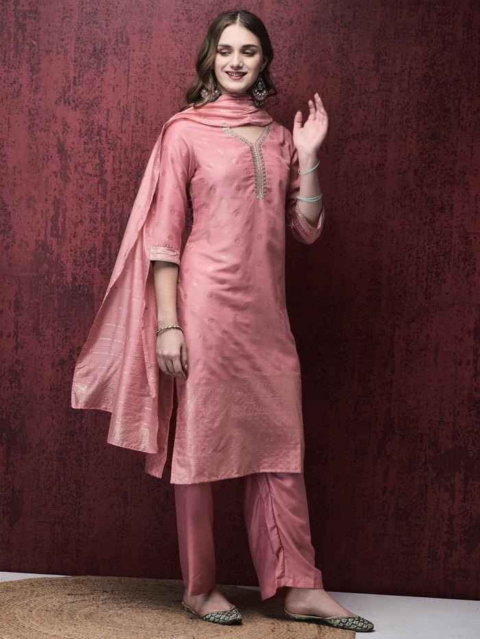 Women Liva Peach Foil Print Kurta Comfort pant Dupatta.
